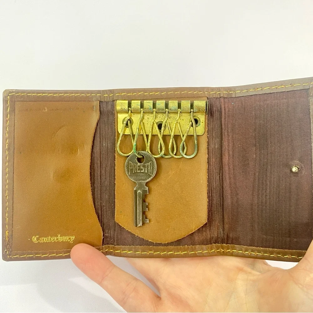 Canterbury Vintage 1980s Navy Plaid Key Holder Brown Leather Yellow Stitch Prepp